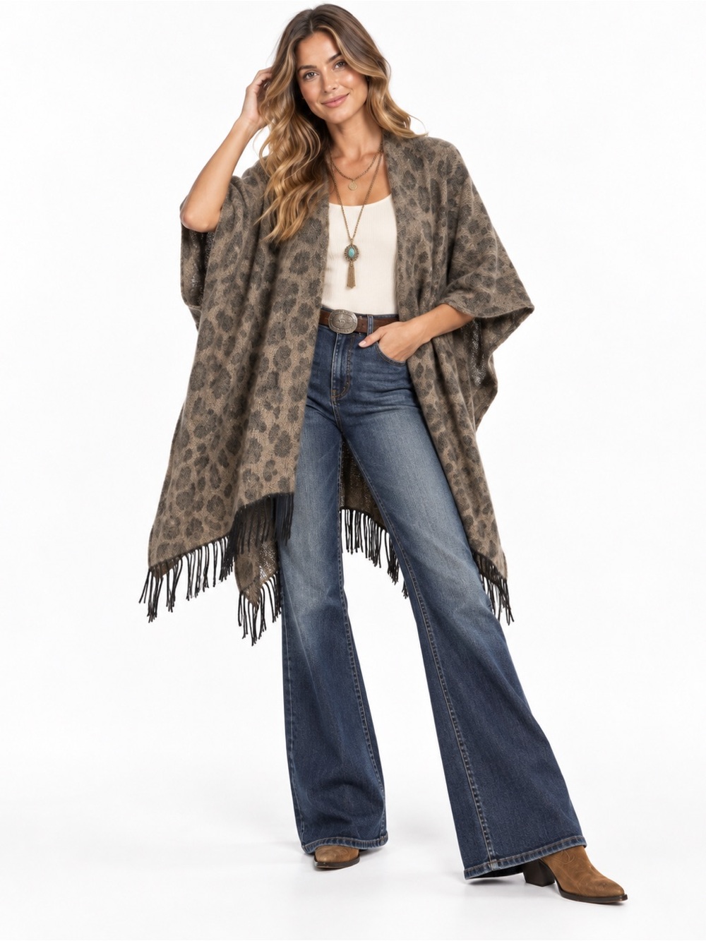 Woolrich Leopard Print Ruana Poncho Wrap One Size Fringe Boho Shawl Fall Chic